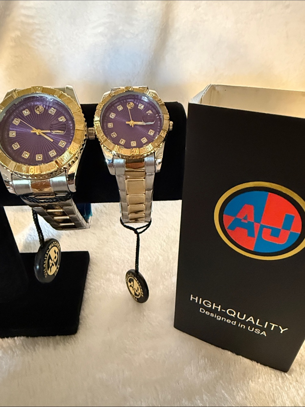 AJ Collection His/Hers Silver Two-Tone Watch with Purple Dial